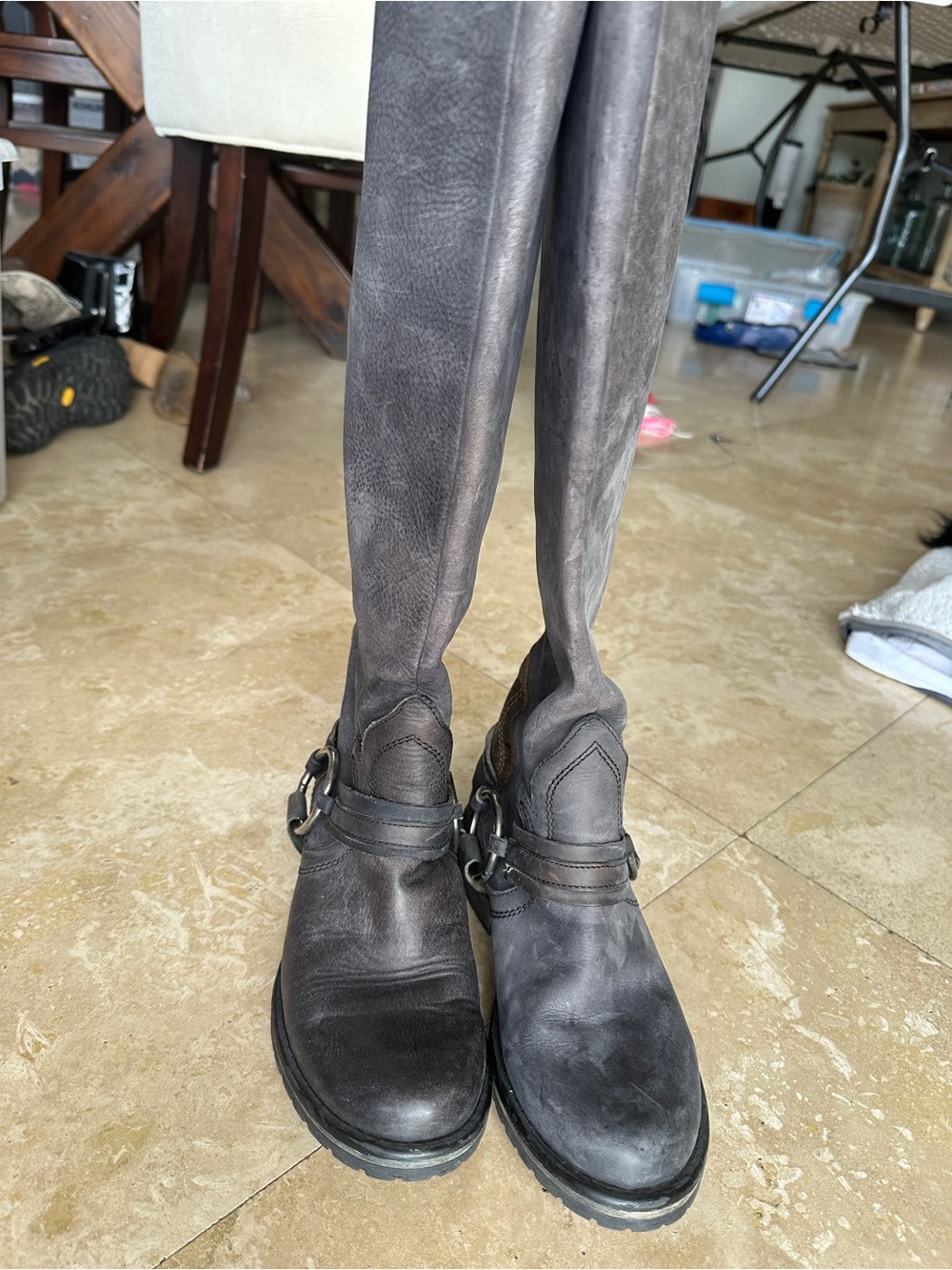 Steve Madden Tall Gray Leather Riding Boots with Buckle Detail